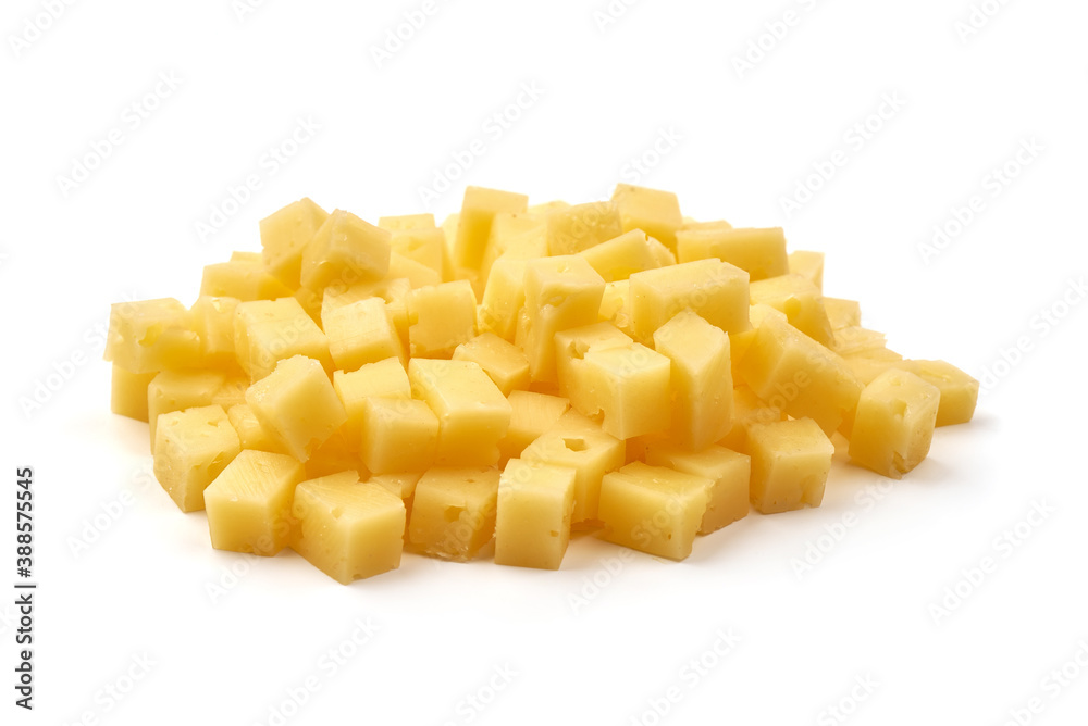 Diced Holland cheese, isolated on white background Diced Holland cheese, isolated on white background