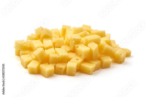 Diced Holland cheese, isolated on white background