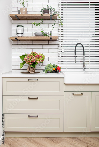 Kitchen interior near the wash basin with white cabinets in a minimal style.