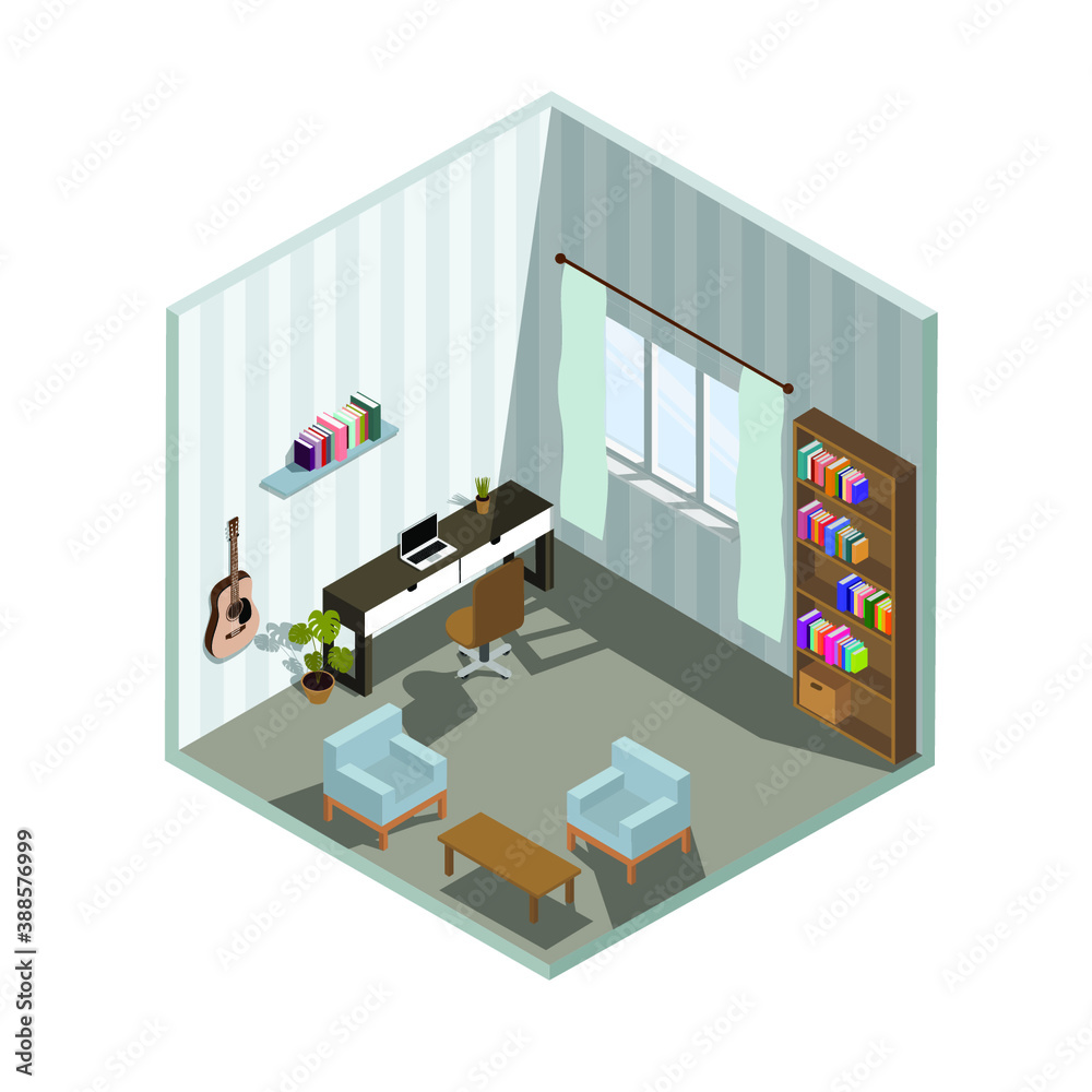 Isometric interior of workplace in home room. Home office with table, chair, bookshelf, laptop.