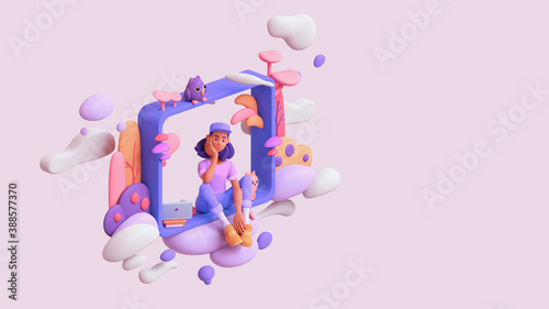 Young black thinking girl sitting on the windowsill floating in the clouds with laptop, cat, an owl, colorful plants. Woman in purple t-shirt, blue jeans, orange sneakers, white socks, cap. 3d render. photo