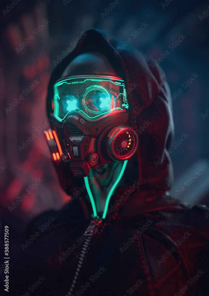 Springe konstruktion diameter Fashion cyberpunk girl in leather hoodie jacket wears gas mask with  protective glasses, filters. Colorful 3d