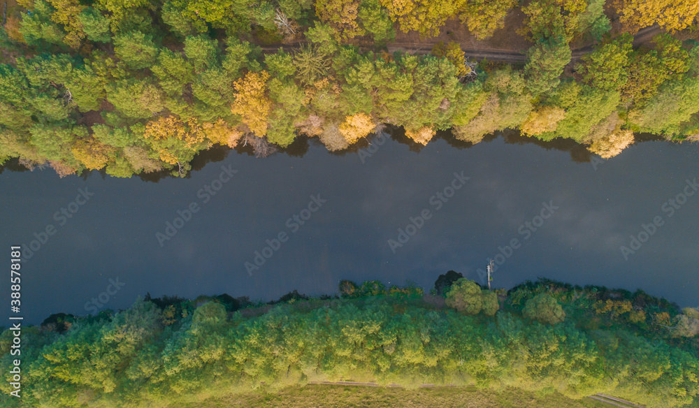 River and autumn forest aerial view