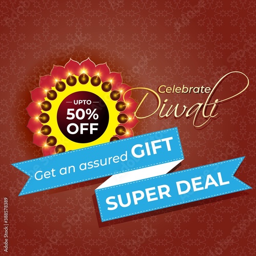 Diwali Festive Season Sale banner, up to 50% cashback. Limited offer Dipawali, Indian festival, diya lamp, oil lamp, get an assured gift, vector illustration offer banner, advertisement