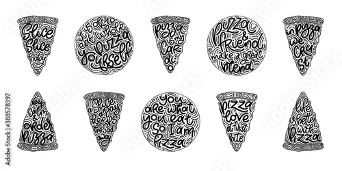 Funny quote on pizza slices black and white doodle set. Vector design elements for t-shirts, bags, posters, cards, stickers and menu