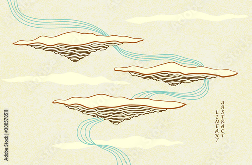 Abstract line art landscape background in retro colors with abstract flying Islands river  or waterfall and clouds in Eastern style