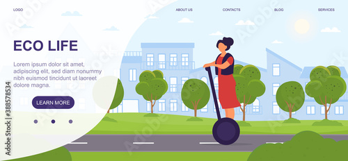 Woman riding on electric unicycle. Concept of ecological transportation in modern city. Young girl in green park. Flat cartoon vector illustration. Website, web page or landing page template