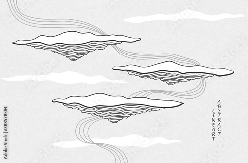 Abstract line art landscape background in black white grey colors with abstract flying Islands river  or waterfall and clouds in Eastern style