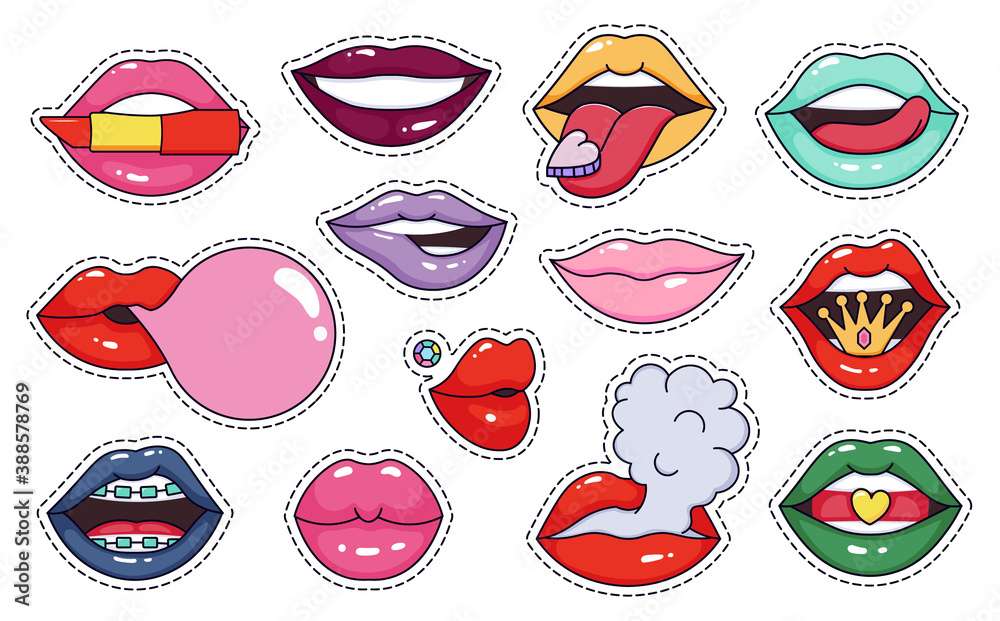 Girl lips patch stickers. Fashion cool makeup lip patches, cute woman makeup icon, colorful sensual and provocative vector illustration icon set. Kiss love badge, cute romantic expression