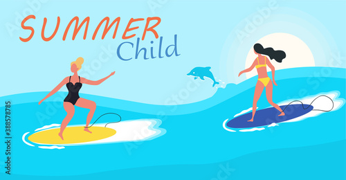 Young sportswomen surfing in sea or ocean. Sport activity concept. Internet and mobile website. Landing page or web page template. Easy to edit and customize. Flat cartoon vector illustration