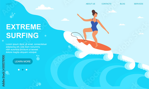 Young sportswoman surfing in sea or ocean. Sport activity concept. Internet and mobile website. Landing page or web page template. Easy to edit and customize. Flat cartoon vector illustration