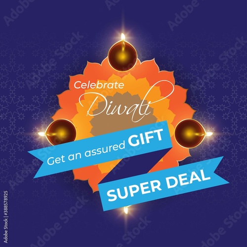 Diwali Festive Season Sale banner, up to 50% cashback. Limited offer Dipawali, Indian festival, diya lamp, oil lamp, get an assured gift, vector illustration offer banner, advertisement