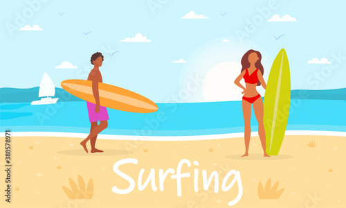 Young couple on sandy island coast with surfboards. Professional surfers. Sport activity concept. Internet and mobile website. Landing page or web page template. Flat cartoon vector illustration