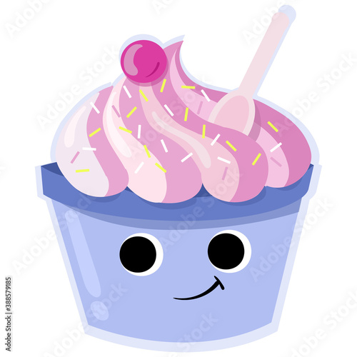 Cute pink and blue kawaii icecream cup with cherry on top isolated on white background. Frosen yogurt mug with smiling face vector illustration.