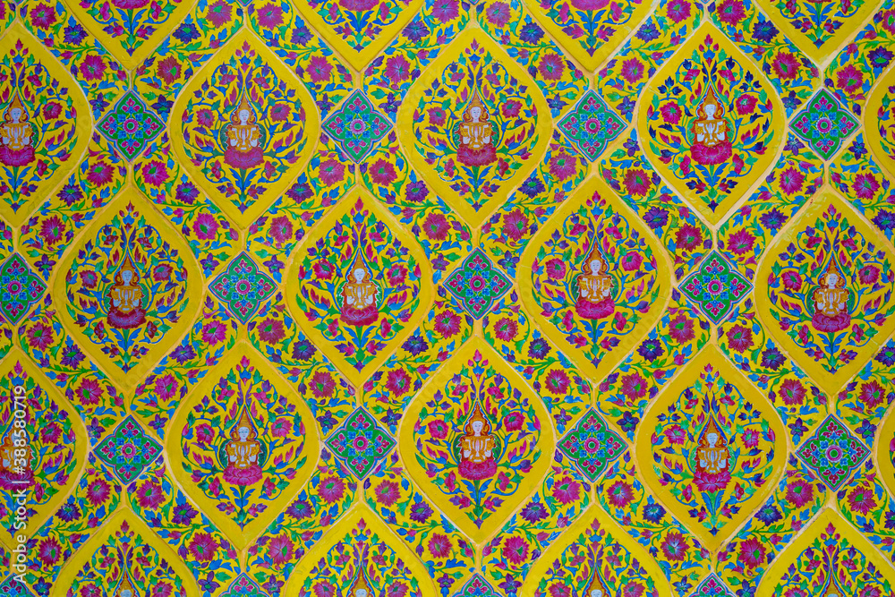 Thai pattern on the wall in a temple in Bangkok Thai pattern on the wall in a temple in Bangkok