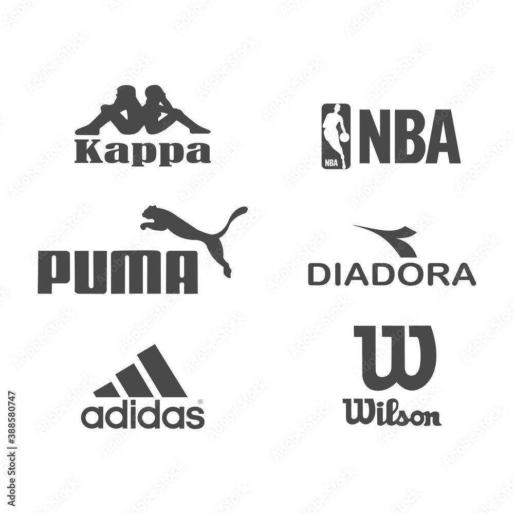 Vecteur Stock Wilson. Top logos of popular sportswear brands: kappa,  jordan, adidas, diadora, puma. Editorial vector illustration. Vinnitsa,  Ukraine - October 28, 2020 | Adobe Stock