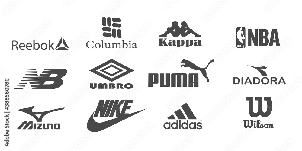 Nike. Top 12 logos of popular sportswear brands: kappa, jordan, adidas,  diadora, puma, wilson, reebok, umbro, mizuno, New Balance, columbia.  Editorial vector illustration. Vinnitsa, Ukraine - October Stock Vector |  Adobe Stock