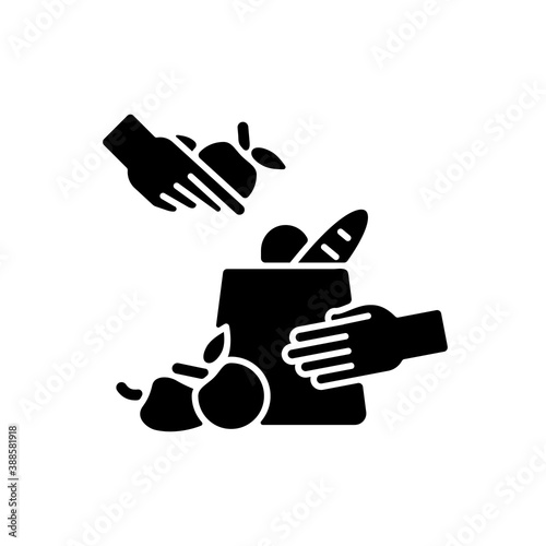 Grocery bagger black glyph icon. Packer. Putting groceries into shopping bag. Part time worker. Bagging grocery items. Silhouette symbol on white space. Vector isolated illustration