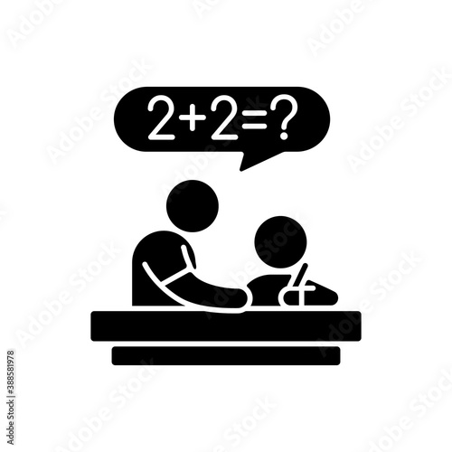Tutor black glyph icon. Private teacher. Homework help. Students teaching. Instructing kids. Test prep. Developing study skills. Silhouette symbol on white space. Vector isolated illustration