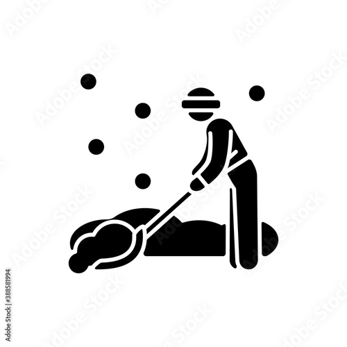 Snow removal job black glyph icon. Snow plow operator. Clearing residential streets or trails. Snowfall. Seasonal employment. Silhouette symbol on white space. Vector isolated illustration