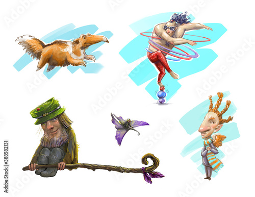 a set with strange elven hand-drawn actors of a wandering circus