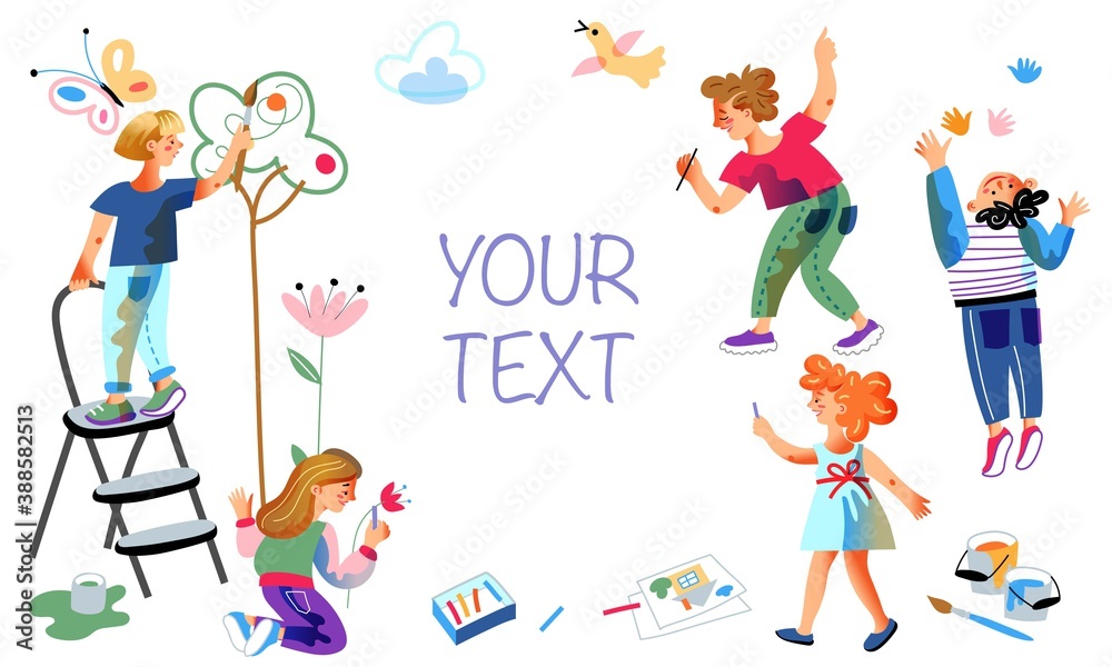 Invitation card to painting event for kids. Happy smiling girls and boys inviting to drawing class vector illustration. Place for text on white background. Children drawing outdoor