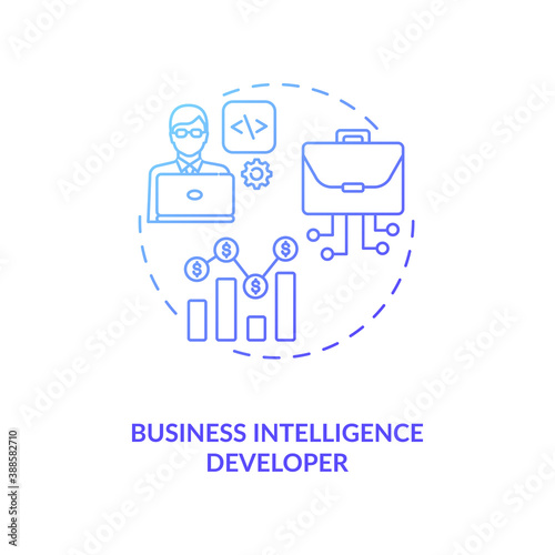 Business intelligence developer concept icon. Creating modern technology systems. Digital mind manufacturing. Careers in AI idea thin line illustration. Vector isolated outline RGB color drawing