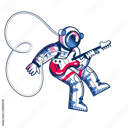 Funny astronaut playing guitar in space. Man playing funky disco music on instrument in spacesuit. Space exploration fun entertainment vector illustration. Cosmonaut in universe