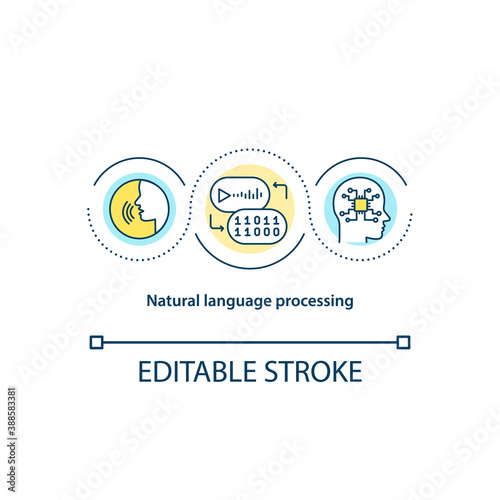 Natural language processing concept icon. Human to computer interaction. Artificial intelligence idea thin line illustration. Vector isolated outline RGB color drawing. Editable stroke