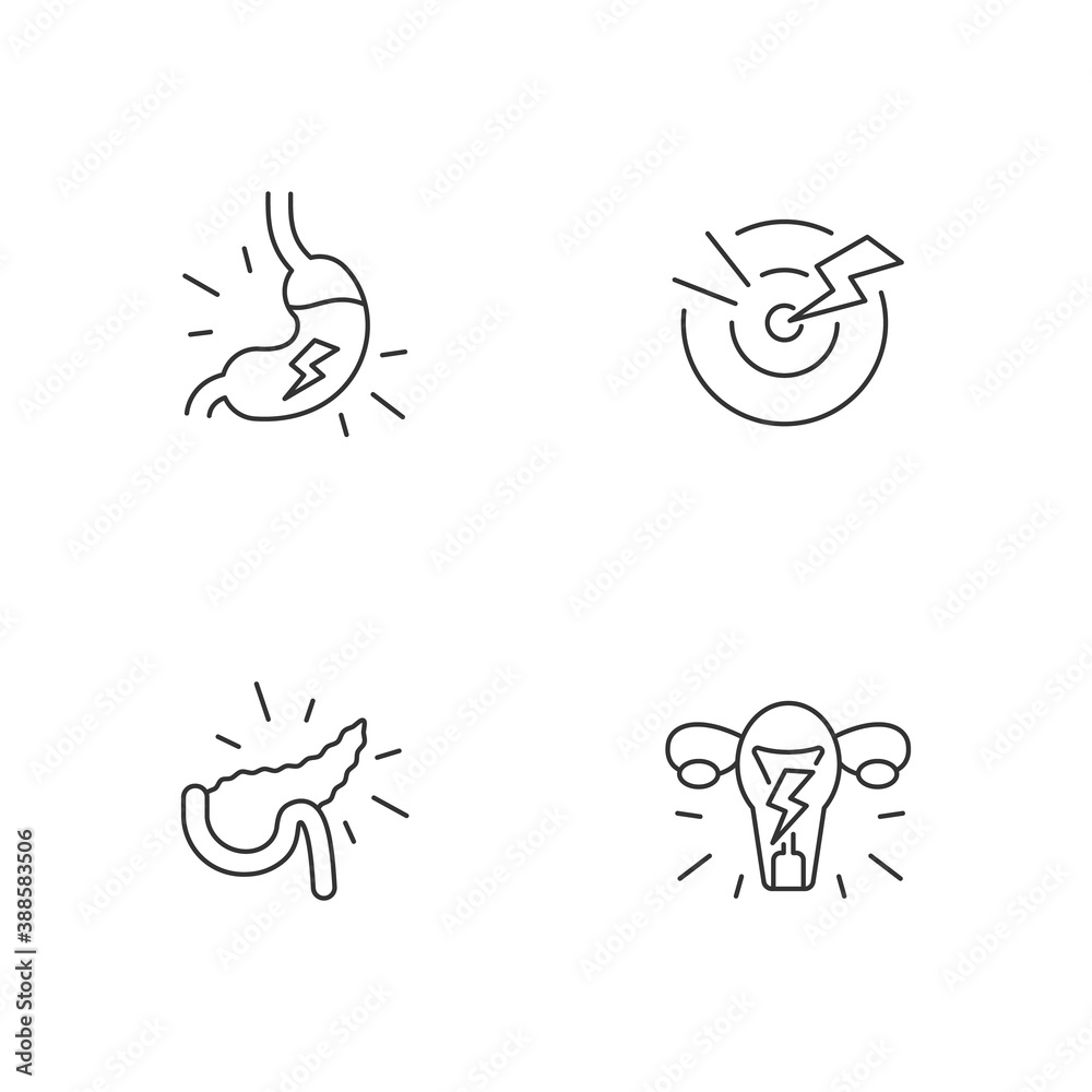 Stomachache linear icons set. Dyspepsia. Acute pain. Pancreatitis. Menstrual cramps. Burning sensation. Customizable thin line contour symbols. Isolated vector outline illustrations. Editable stroke Stomachache linear icons set. Dyspepsia. Acute pain. Pancreatitis. Menstrual cramps. Burning sensation. Customizable thin line contour symbols. Isolated vector outline illustrations. Editable stroke