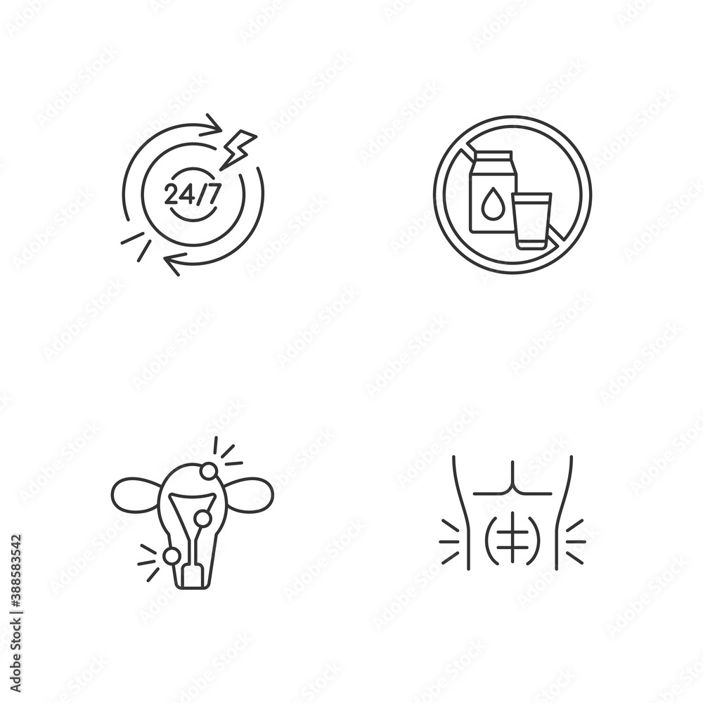 Digestive disorders linear icons set. Chronic abdominal pain. Lactose intolerance. Endometriosis. Customizable thin line contour symbols. Isolated vector outline illustrations. Editable stroke
