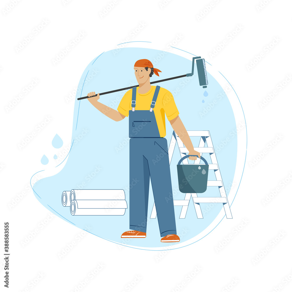 Working on Wallpaper stickers, apartment repairs, painting. Vector cartoon character of the master Builder.