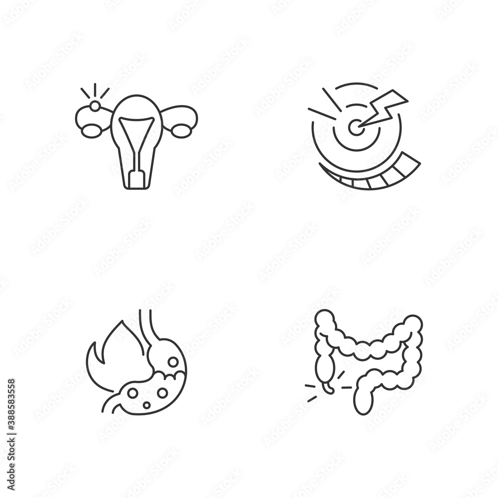 Abdominal inflammation linear icons set. Ectopic pregnancy. Acute pain. Heartburn. Constipation. Customizable thin line contour symbols. Isolated vector outline illustrations. Editable stroke
