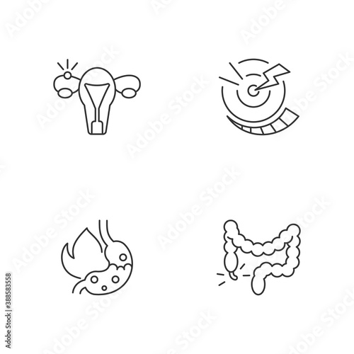 Abdominal inflammation linear icons set. Ectopic pregnancy. Acute pain. Heartburn. Constipation. Customizable thin line contour symbols. Isolated vector outline illustrations. Editable stroke