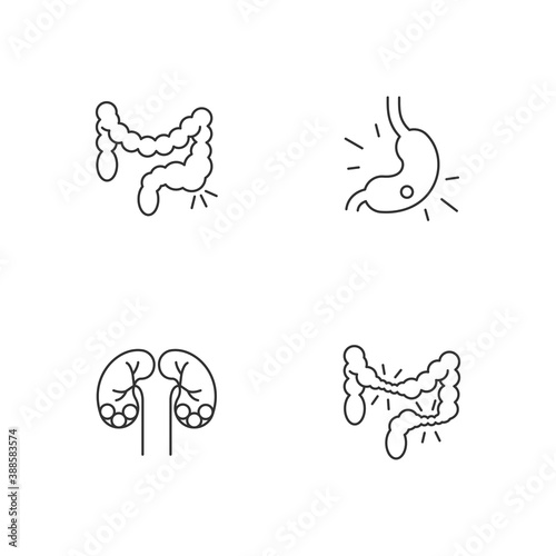 Abdominal pain linear icons set. Constipation. Gastritis. Kidney stones. Irritable bowel syndrome. Customizable thin line contour symbols. Isolated vector outline illustrations. Editable stroke
