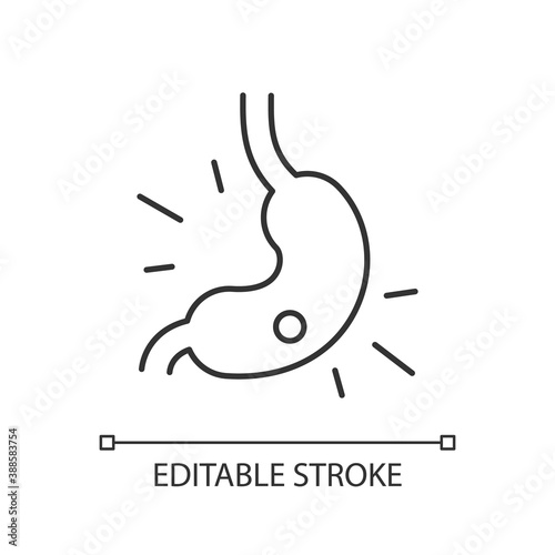 Gastritis linear icon. Stomach ulcer. Upper abdominal pain. Gastric mucosa. Burning ache. Thin line customizable illustration. Contour symbol. Vector isolated outline drawing. Editable stroke