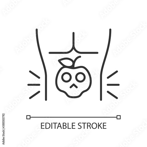 Food poisoning linear icon. Foodborne illness. Stomachache sickness. Cramping. Abdominal pain. Thin line customizable illustration. Contour symbol. Vector isolated outline drawing. Editable stroke