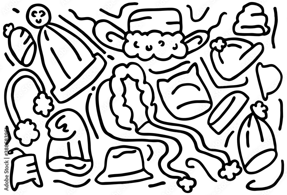 Vector illustration doodles on theme of winter, warm hats. Various hats with earflaps, hoods, caps, classic and casual are depicted. It can be used in web design, banners, etc. Vector illustration doodles on theme of winter, warm hats. Various hats with earflaps, hoods, caps, classic and casual are depicted. It can be used in web design, banners, etc.