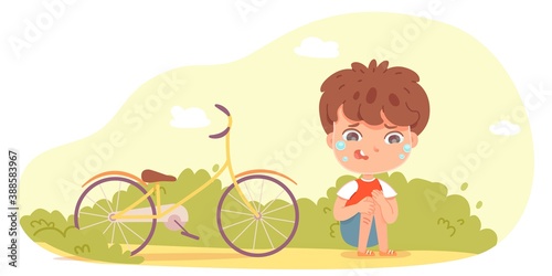 Sad crying boy fell from bike. Little child sitting on ground in park putdoor, leg hurting with pain vector illustration. Sad upset kid in trouble, summer ride in holiday problem