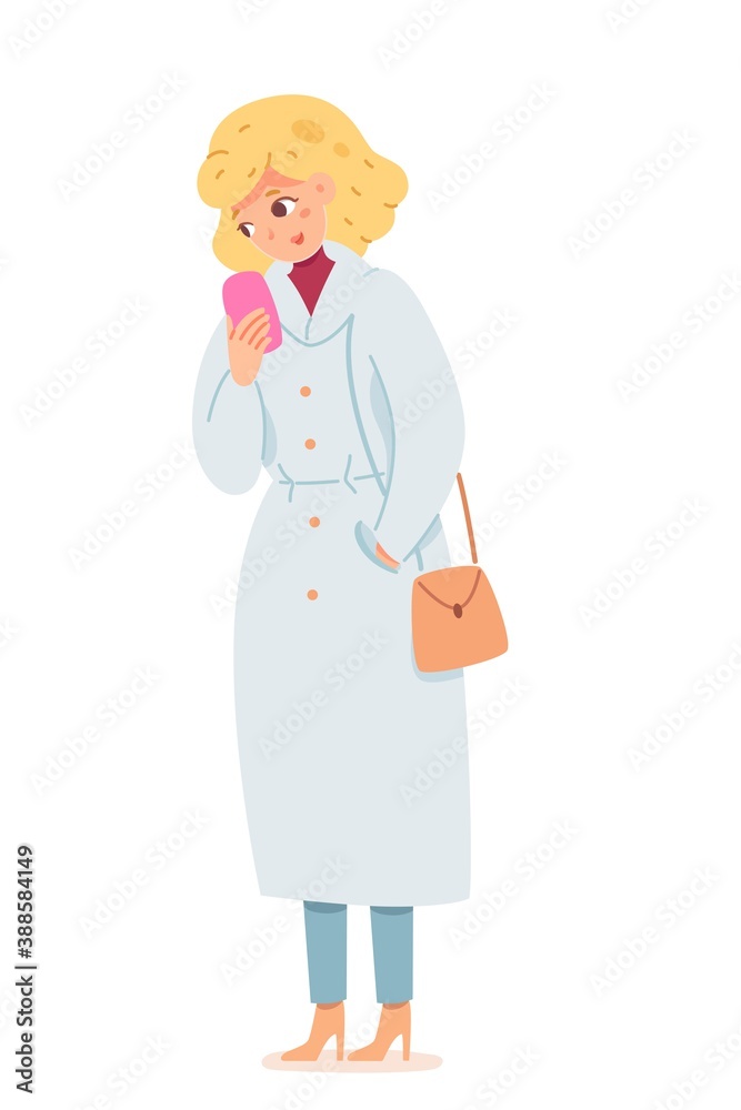 Woman standing with phone in autumn clothes. Front view of beautiful female worker in casual fall coat with hand in pocket on white background. People fashion vector illustration Woman standing with phone in autumn clothes. Front view of beautiful female worker in casual fall coat with hand in pocket on white background. People fashion vector illustration