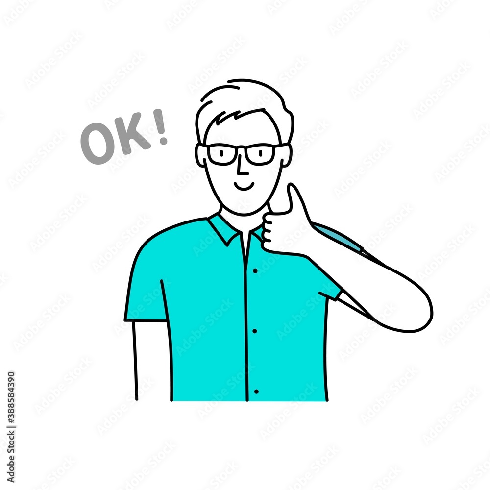 Man with glasses shows ok gesture. Vector illustration. Man with glasses shows ok gesture. Vector illustration.