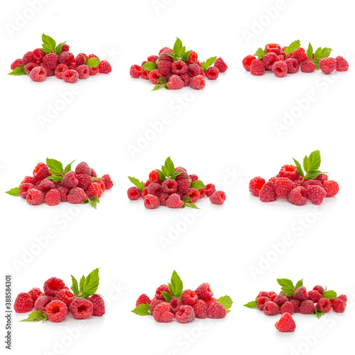 Raspberries collection with leaf isolated on white background