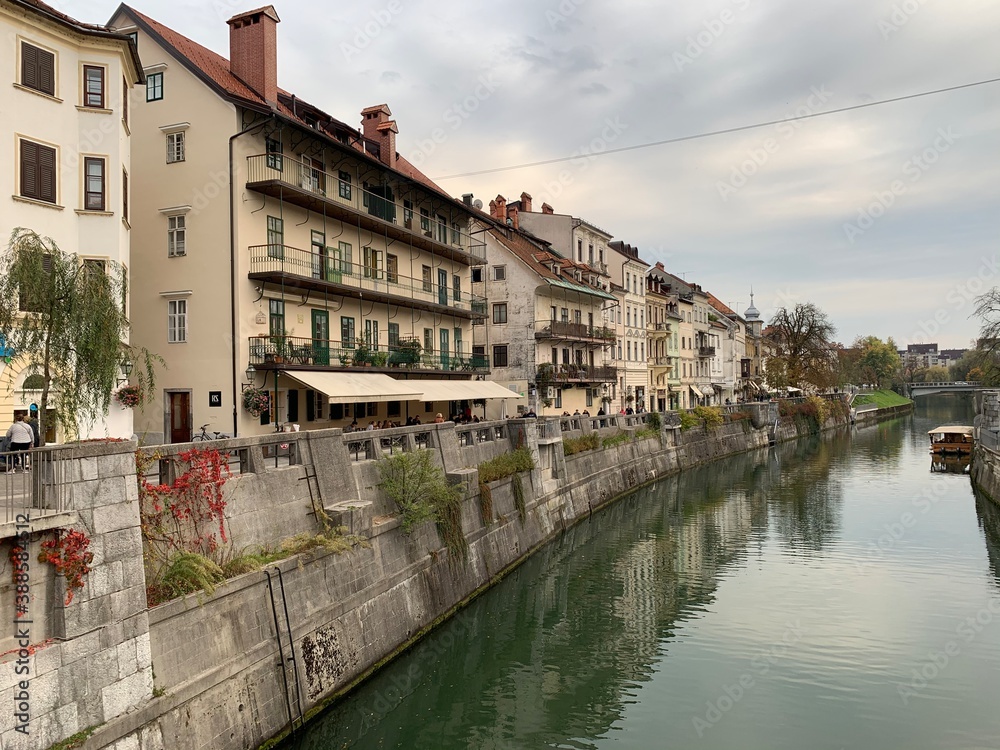 Beautiful buildings and river in the center of Ljubljana