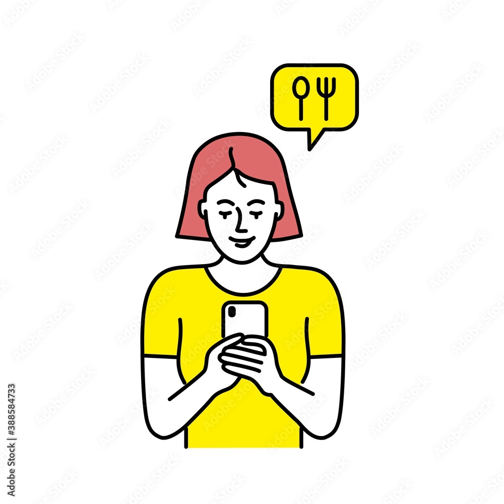 Woman order food online. Girl using phone. Vector illustration.