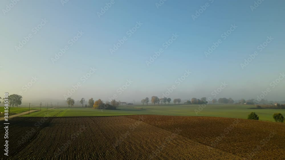 Misty beautiful farmlands of Napromek, Poland -aerial Misty beautiful farmlands of Napromek, Poland -aerial