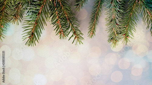 Holiday background. Christmas tree garland on a bokeh background. Spruce branches. The concept of the Christmas and holiday season.