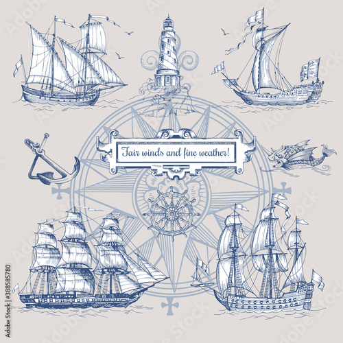 Set of decorative elements for the design of an old geographical map. Ancient caravel, sea monsters, anchor, ship's wheel, compass-meter, wind rose, framework for inscriptions, cartouche.