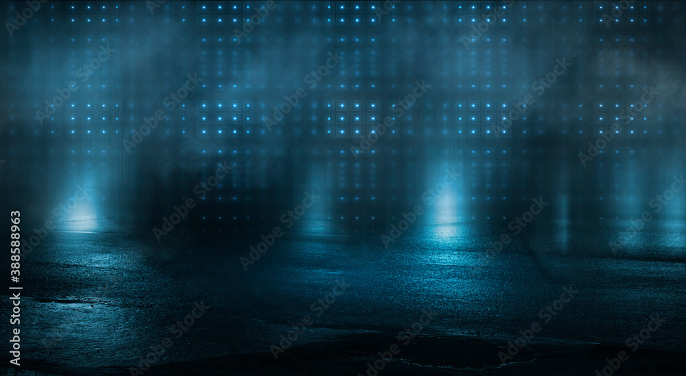 Dark street, wet asphalt, reflections of rays in the water. Abstract dark blue background, smoke, smog. Empty dark scene, neon light, spotlights. Concrete floor Dark street, wet asphalt, reflections of rays in the water. Abstract dark blue background, smoke, smog. Empty dark scene, neon light, spotlights. Concrete floor