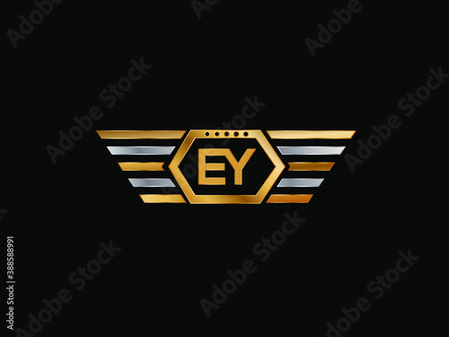 EY wing shape Initial logo letter design art logo, gold color on black background