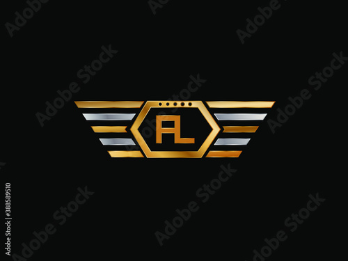 FL wing shape Initial logo letter design art logo, gold color on black background